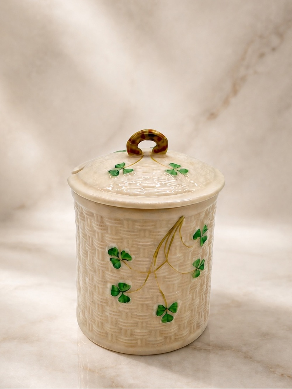 Belleek Shamrock Lidded Jar Cream Porcelain Clover Ireland